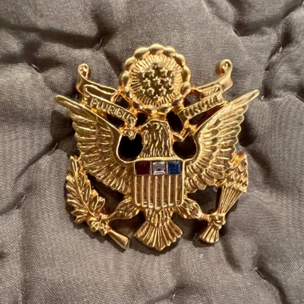 Ann Hand Great Seal Brooch with red, white, blue Swarovski crystals